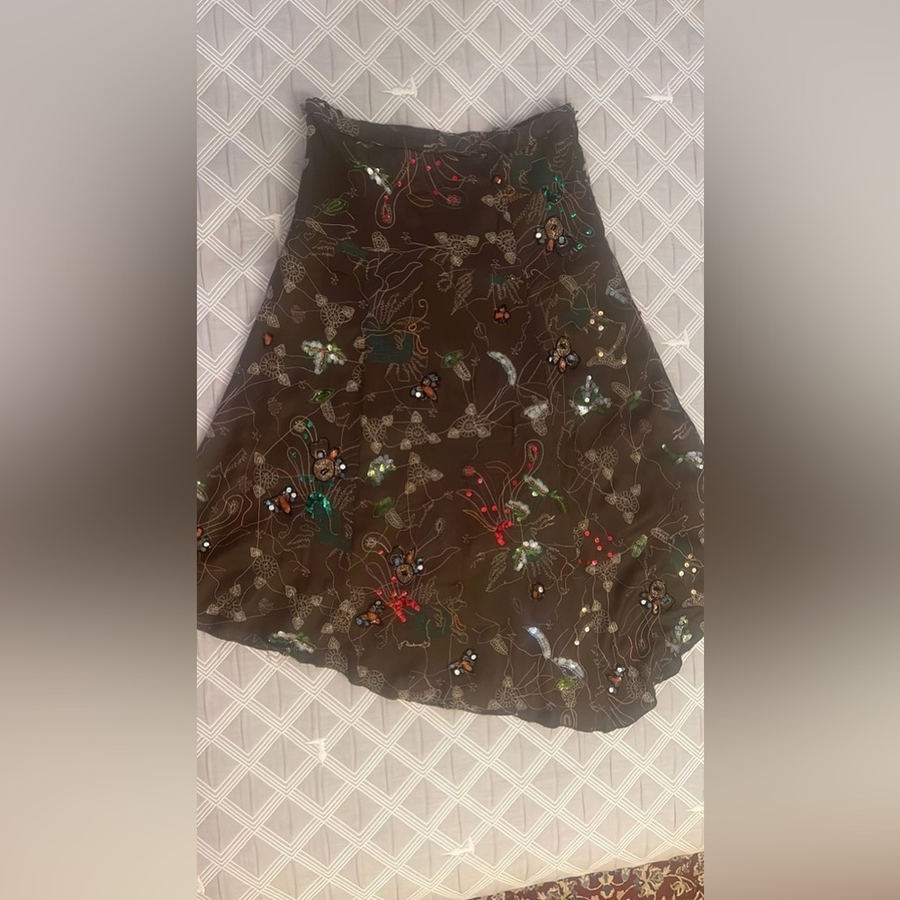 Zara bohemian Brown midi a line Skirt with Colorful Embroidery size S